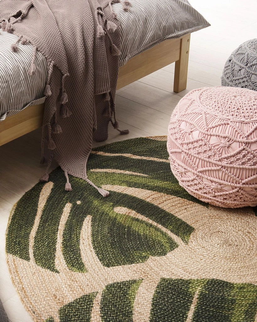 Tappeto in iuta con motivo floreale verde 140 cm Boho rustico intrecciato a foglie di Monstera con motivo stampato INCIK
