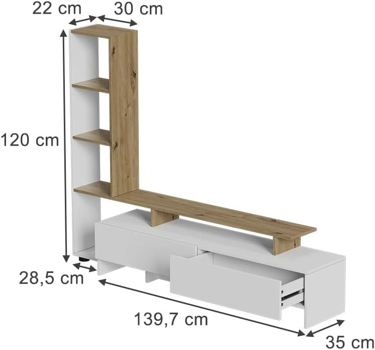 Mobile tv Tavora, Bianco/quercia, 168.2 x 120 cm con 2 cassetti, per l'utilizzo come mobile TV con ripiani aperti