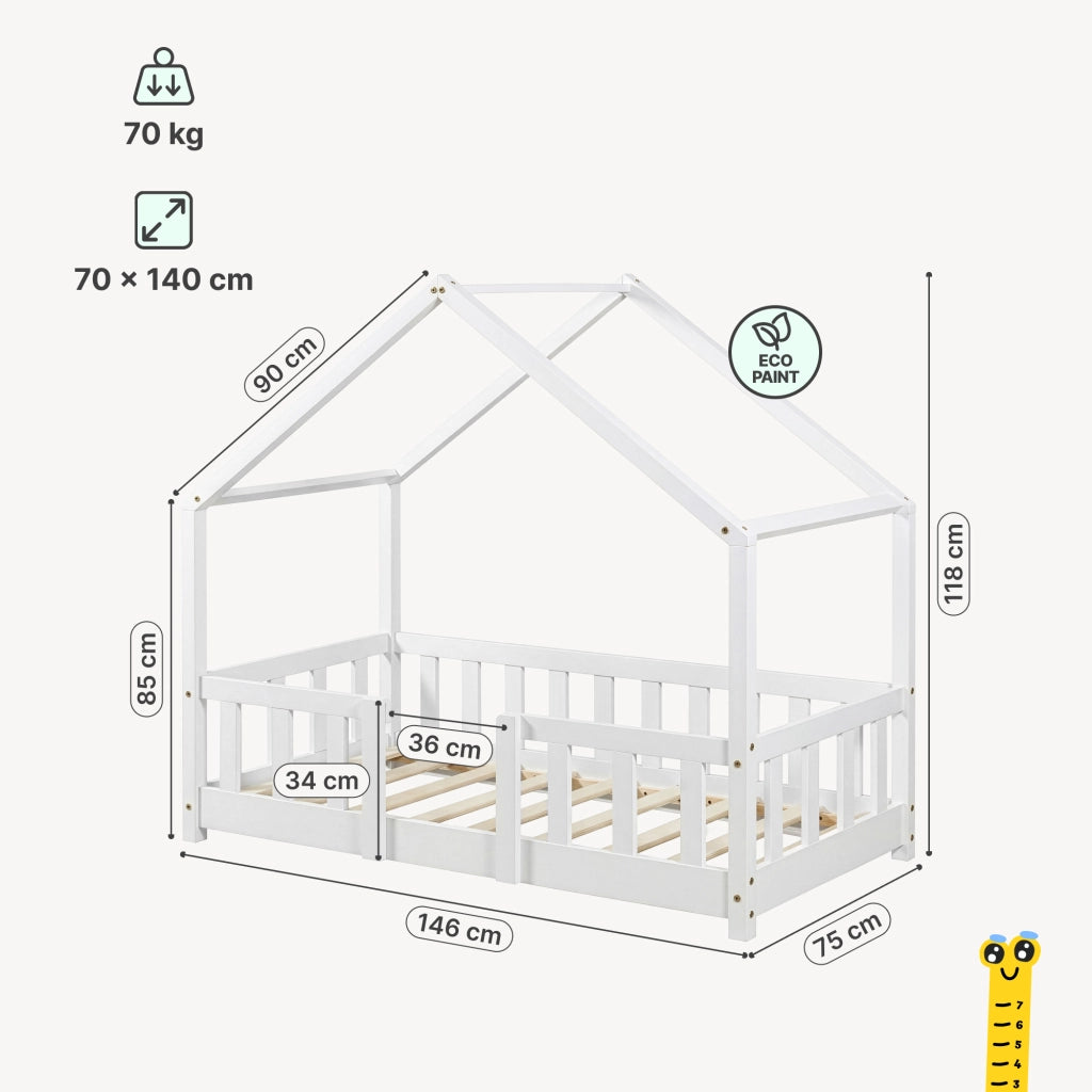Letto per Cameretta Treviolo a Forma di Casetta in Stile Montessori con Materasso 70x140 cm - Bianco [en.casa]