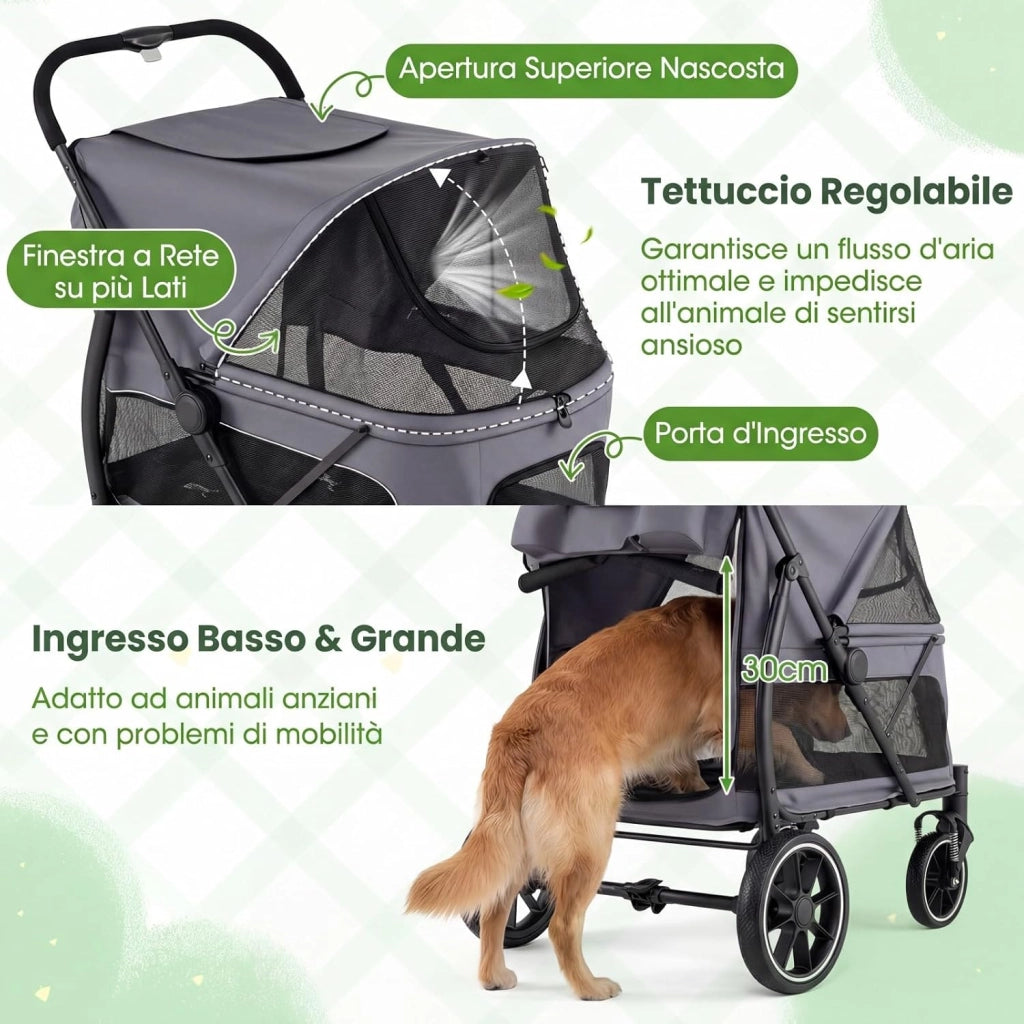Passeggino Pieghevole per Cani, Carrozzina per Cani Fino a 40 kg con Entrata Bassa, Finestra Regolabile in Rete, Tasche Portaoggetti e Cintura di Sicurezza per Animali Tutte le Taglie (Grigio)