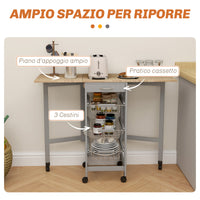 Carrello da Cucina 37x37x77,5 cm con 3 Cestini e 2 Ribalte in Legno e Metallo Grigio e Rovere