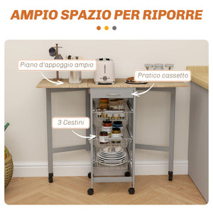 Carrello da Cucina 37x37x77,5 cm con 3 Cestini e 2 Ribalte in Legno e Metallo Grigio e Rovere