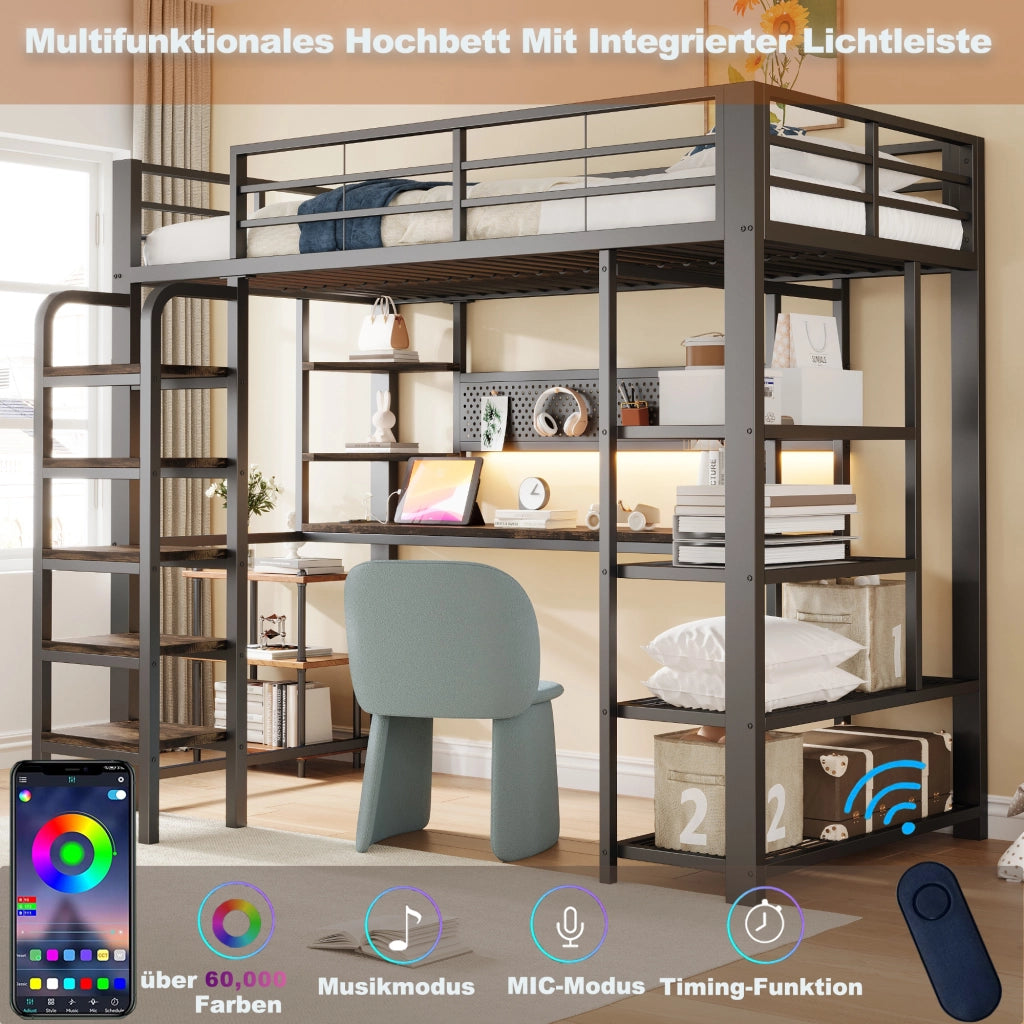 Letto a soppalco singolo 90 × 200 cm con scrivania, LED regolabile, prese integrate e ripiani, senza materasso, nero