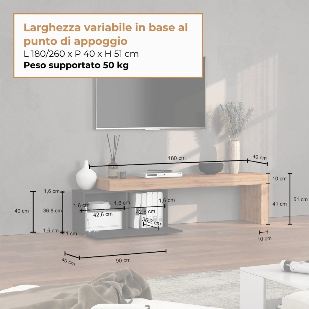 WHOUS Mobile porta tv Chronos estensibile con 1 anta a ribalta antracite/rovere 180/260x40x51 cm