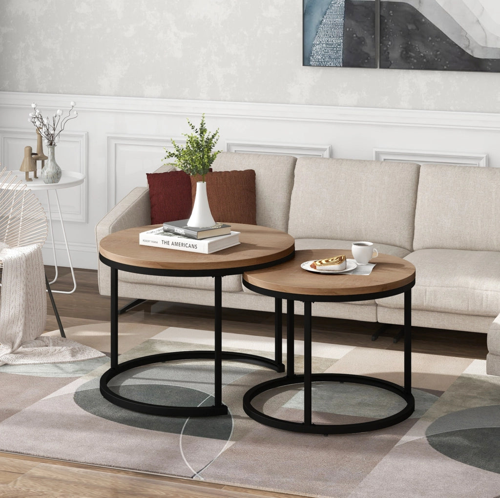 Set 2 tavolini da salotto rotondi impilabili in MDF effetto rovere con struttura in metallo