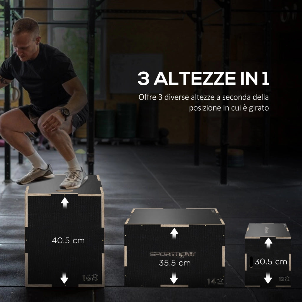 Box Jump Pliometrico a 3 Altezze in Legno Antiscivolo. 41-36-31cm. Nero