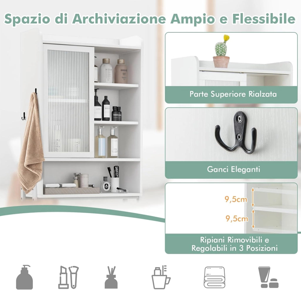 Mobiletto per Bagno, Armadio Sopra WC con Anta Scorrevole e Struttura Metallica, Scaffale Salvaspazio con Ripiani Regolabili per Bagno Lavanderia, 63x29x170 cm (Bianco)