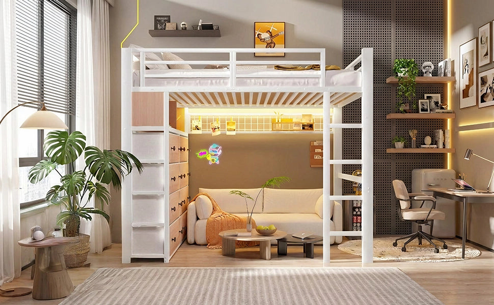 LETTO a soppalco 140x200 cm in metallo e MDF bianco con 8 cassetti e LED