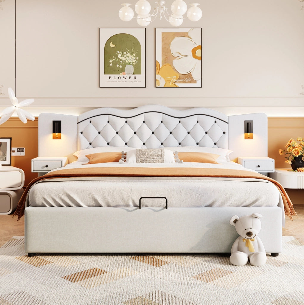Letto matrimoniale 180x200 cm beige con luci USB e contenitore