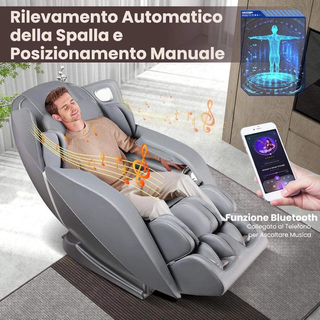 Poltrona Massaggiante, Sedia da Massaggio con 12 Modalità, 6 Tecniche di Massaggio, Stretch Thailandese e Guida SL, Poltrona Relax con Telecomando per Tutto il Corpo (Grigio)