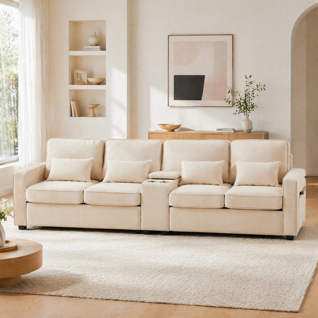 SOFA 4 POSTI CON USB, PORTABICCHIERI, TASCA BRACCIOLI E 4 CUSCINI 290x83x88 cm BEIGE