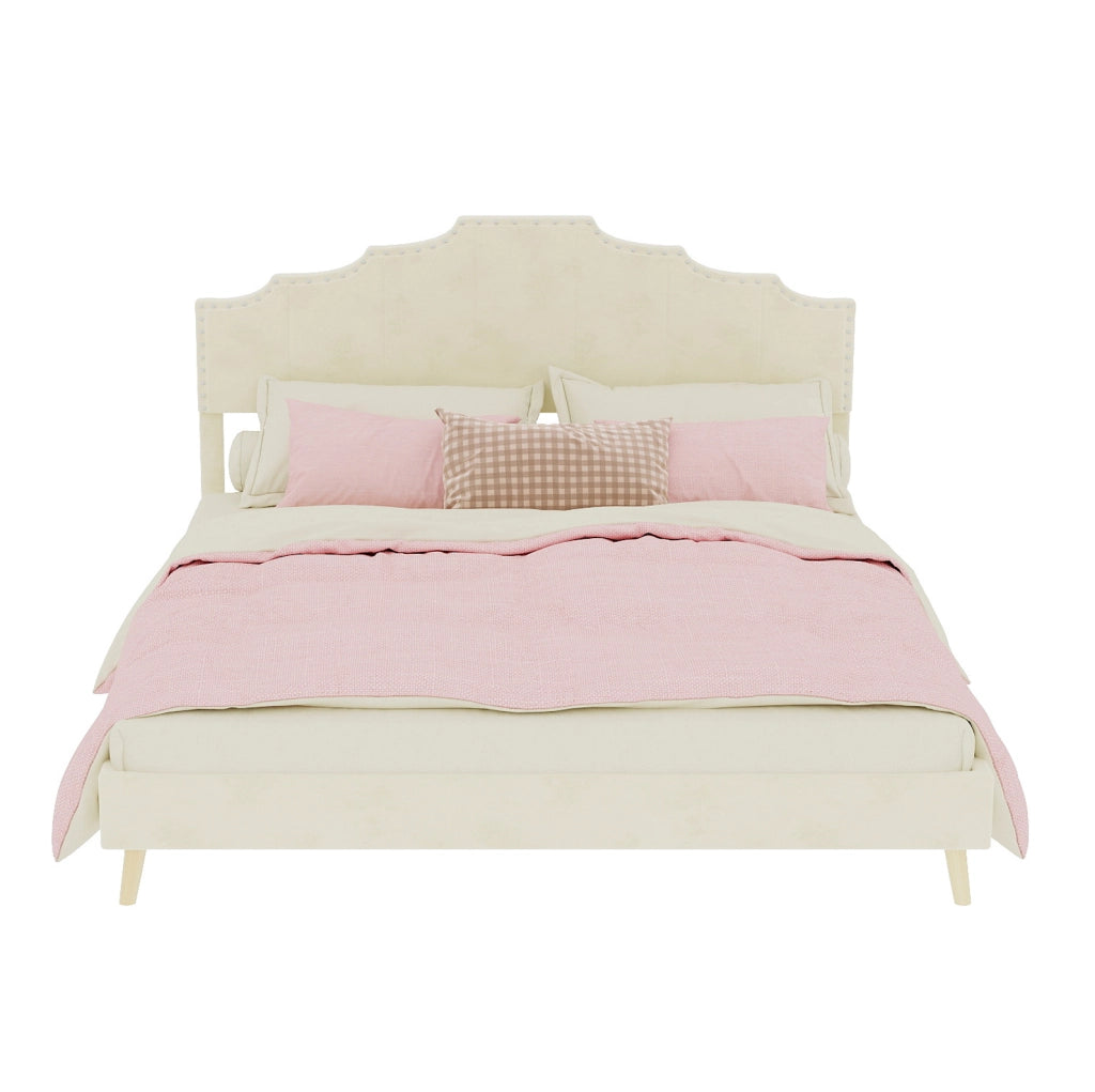 Letto 160x200 cm in tessuto e metallo beige con materasso e testiera alta –