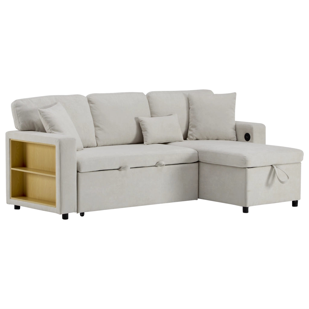 Divano letto angolare 3 posti con chaise longue reversibile; USB e contenitore; beige