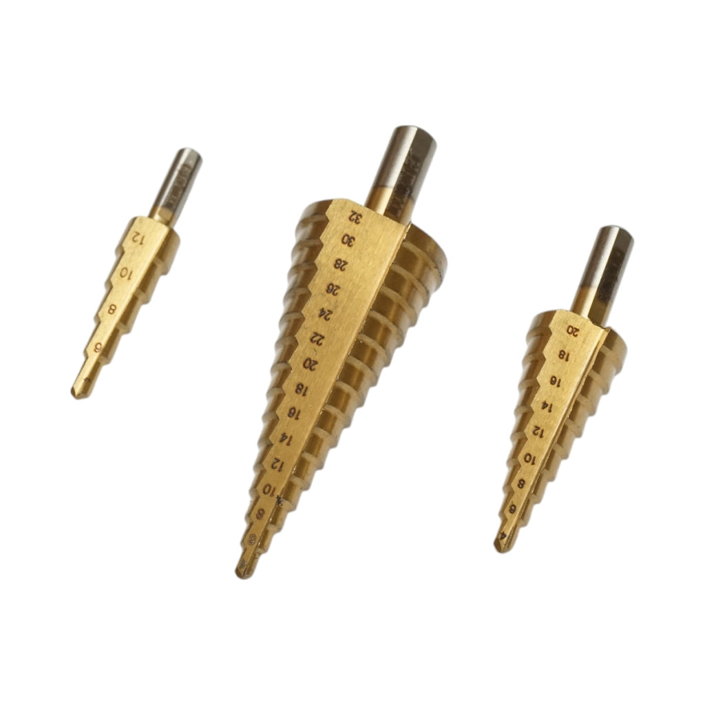 Set di 3 punte coniche da trapano a 5 stadi 4-12 mm, 9 stadi 4-20 mm, 15 stadi 4-35 mm in acciaio HSS 4241 per metallo, alluminio, legno Crownman