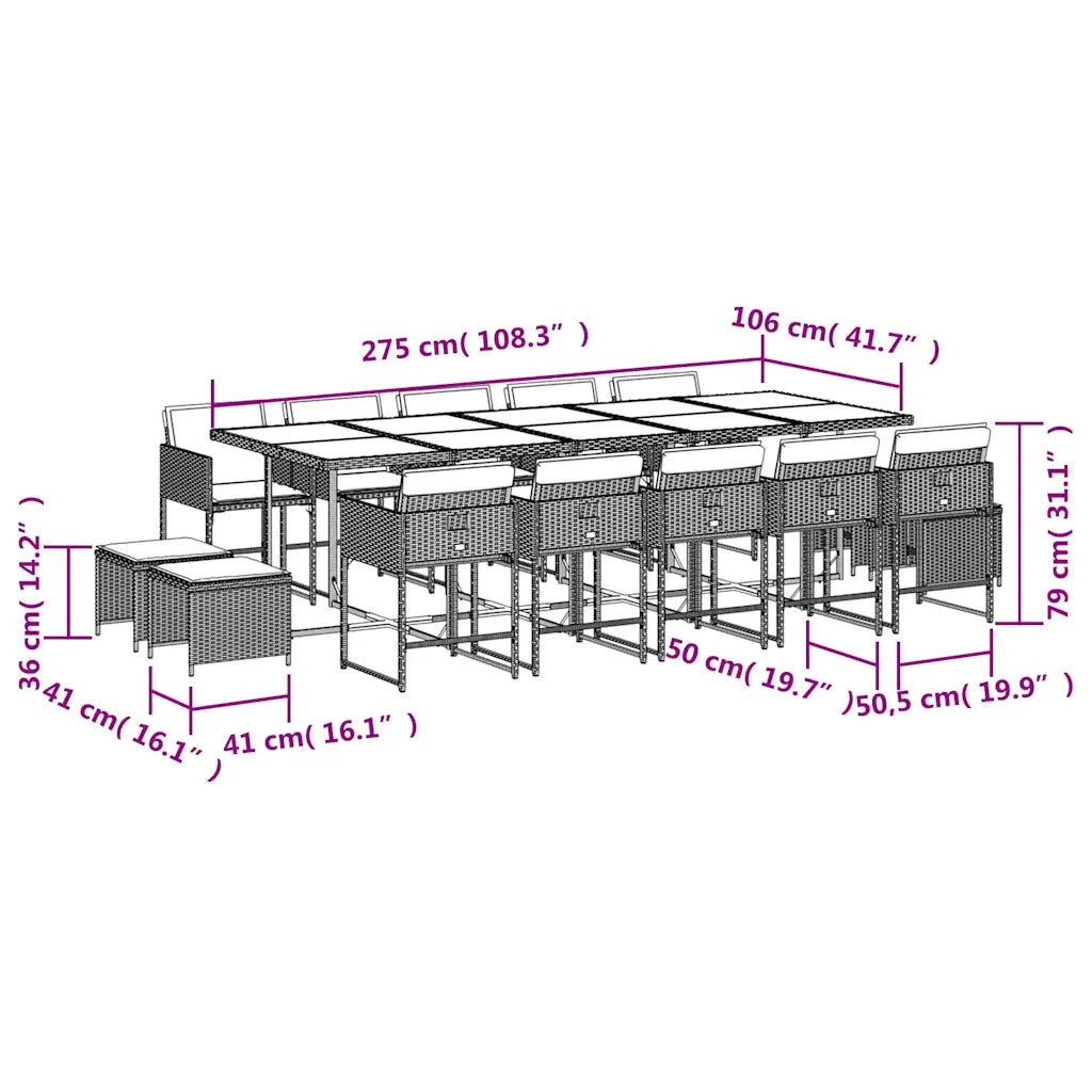 Set da Pranzo da Giardino 15 pz con Cuscini Nero in Polyrattan 3211350