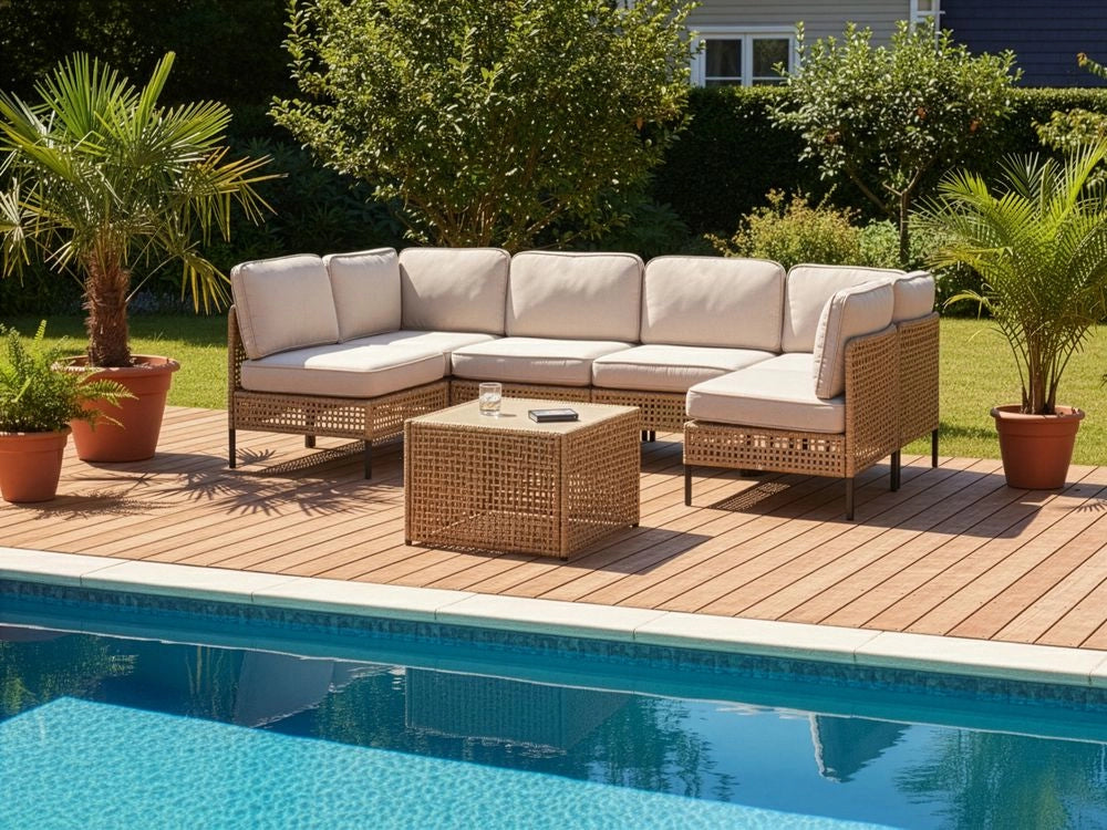 Divano modulare da giardino a forma di U beige chiaro in rattan PE 6 posti con tavolino in vetro struttura in metallo e cuscini stile moderno
