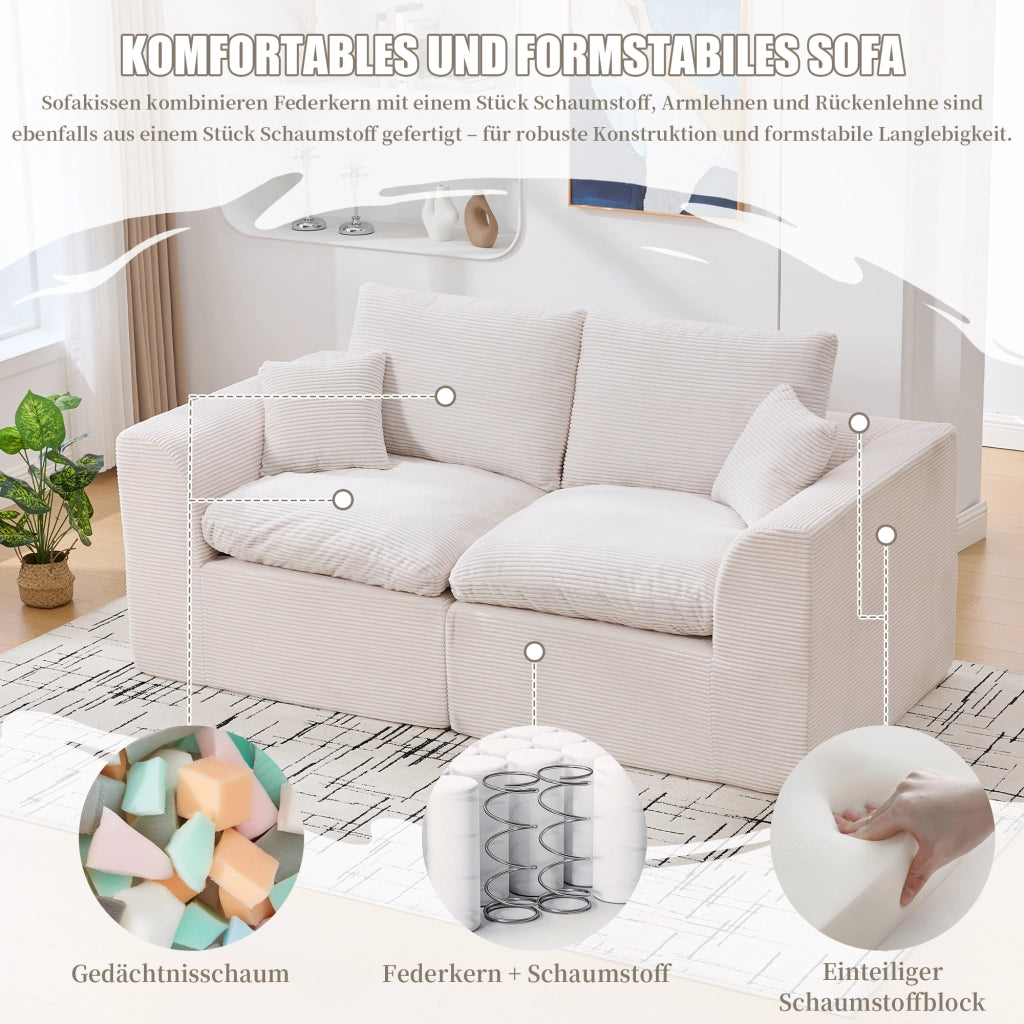 OKWISH Divano 2 Posti da Soggiorno, con Cuscini e Seduta Imbottita, Design Minimalista, Velluto a Coste, Beige