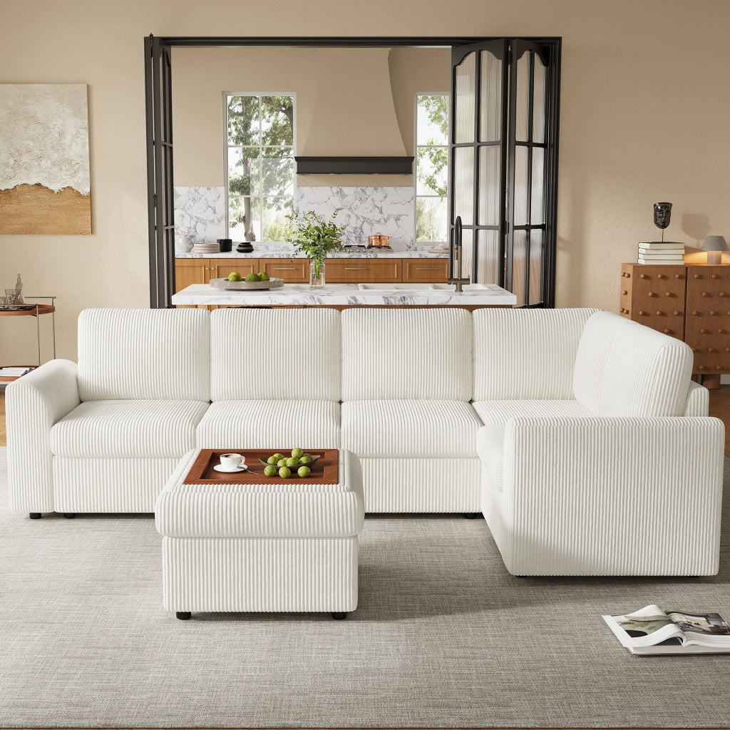 Divano Angolare con Poggiapiedi ¨C MINIMAL ¨C Velluto a Coste Beige, 282x85x153 cm