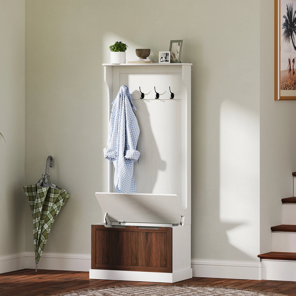 Scarpiera con Appendiabiti e Panca ¨C Zephmum ¨C Bianco, Legno, 71.5x39.5x170 cm
