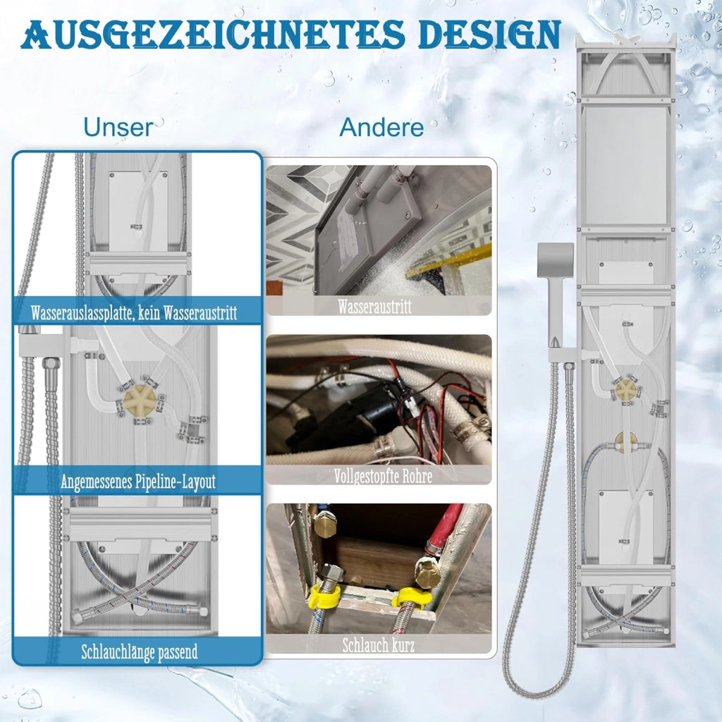 Pannello doccia con colonna doccia in acciaio inox, 5 funzioni, doccia a pioggia a cascata, getti massaggianti, doccetta per vasca e doccia, set completo, colore: argento