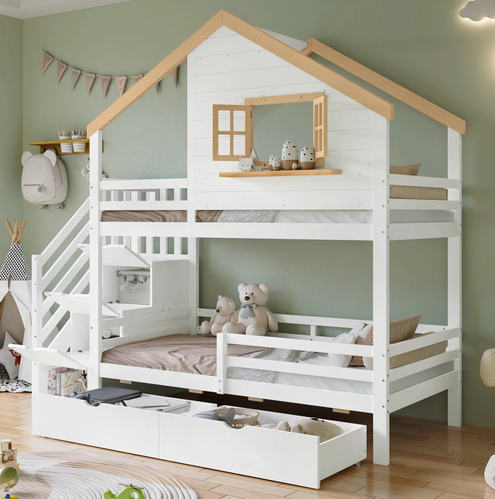 Letto a castello in legno con scale contenitore e cassetti