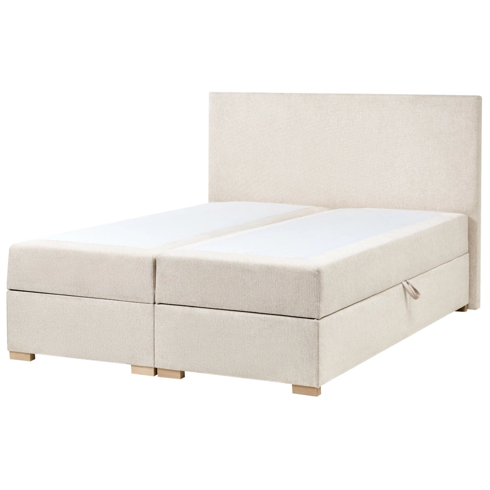 Letto matrimoniale con contenitore sollevabile in tessuto beige chiaro 140 x 200 cm con testiera stile moderno