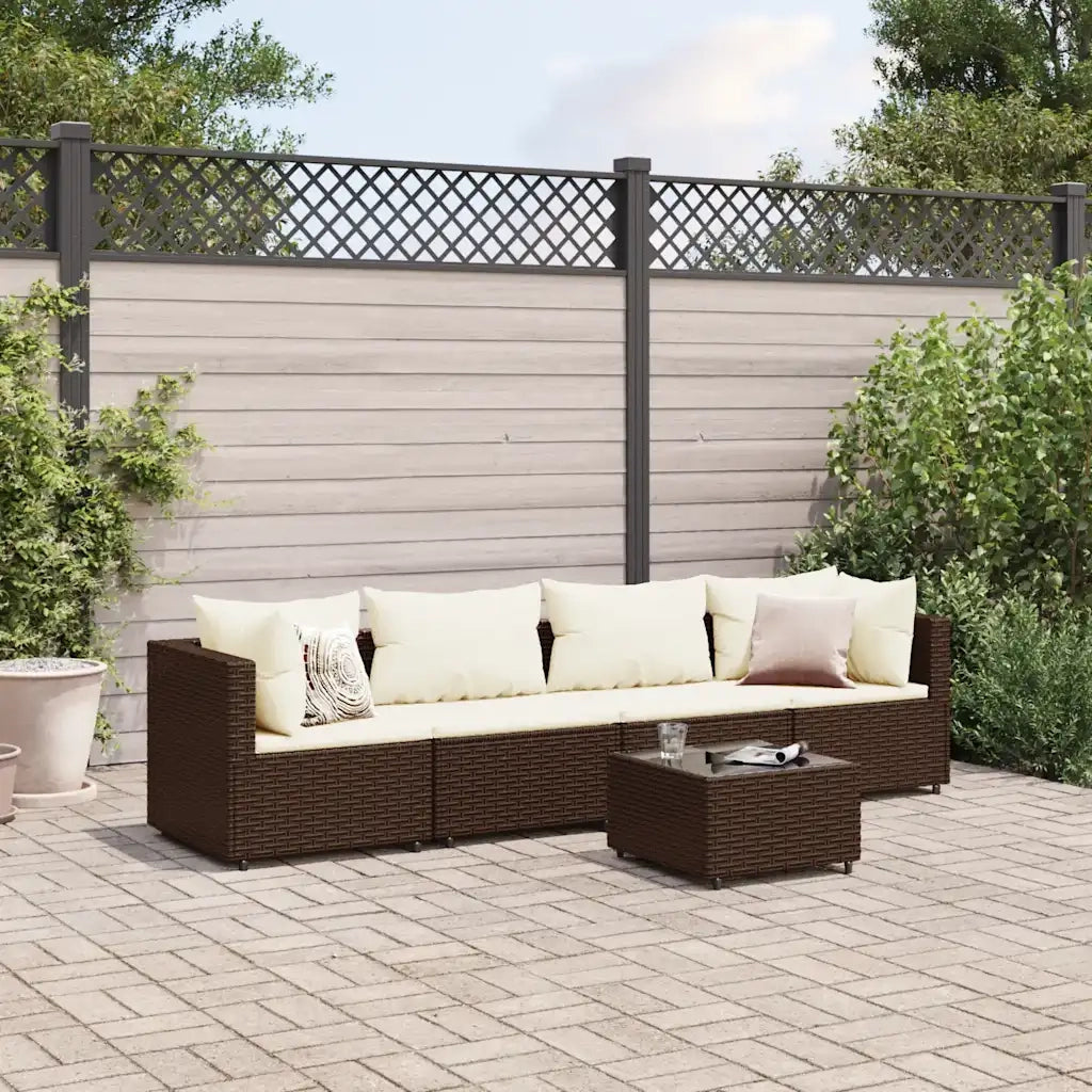 Set Divani da Giardino 5 pz con Cuscini Marrone in Polyrattan