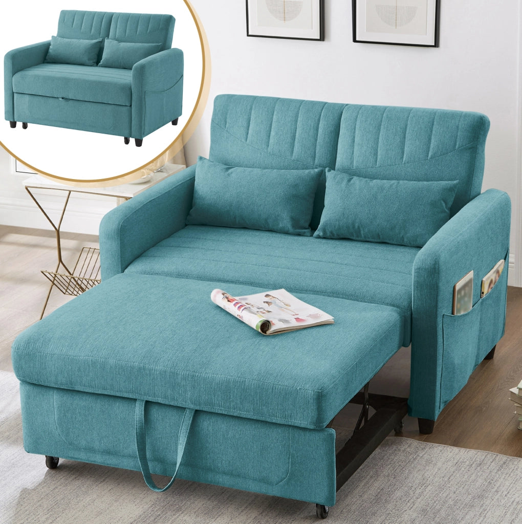 Divano letto 2 posti 166x95 cm estraibile; schienale regolabile; schiuma blu verde antico