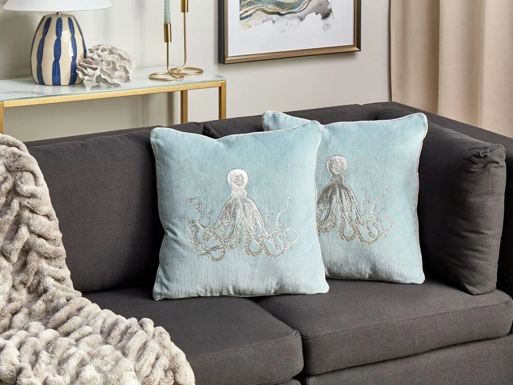 Set di 2 cuscini in velluto blu quadrato motivo polpo marino accessori camera da letto soggiorno