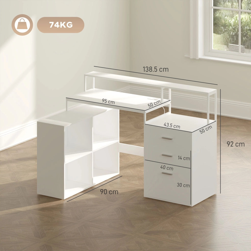 Scrivania da Ufficio Angolare 138,5x90x92 cm con Supporto per Monitor Cassetti e Ripiani in Legno Bianco