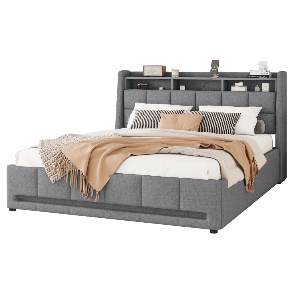Letto matrimoniale 140x200 cm in lino e MDF grigio con luci LED APP; USB e 2 cassetti