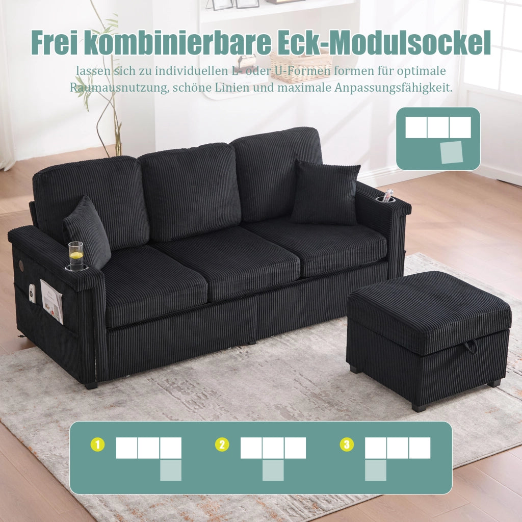 DIVANO Modulare 194x73x81 cm Nero in tessuto con LED e USB