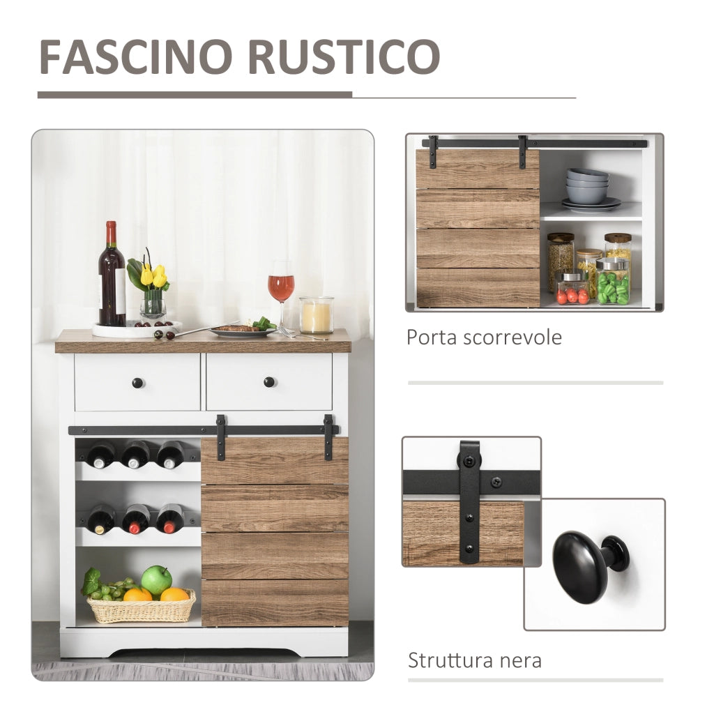 Mobile da Cucina Rustico con 2 Cassetti, Ripiani Aperti e Portabottiglie, in Legno e Metallo, 80x39x86 cm