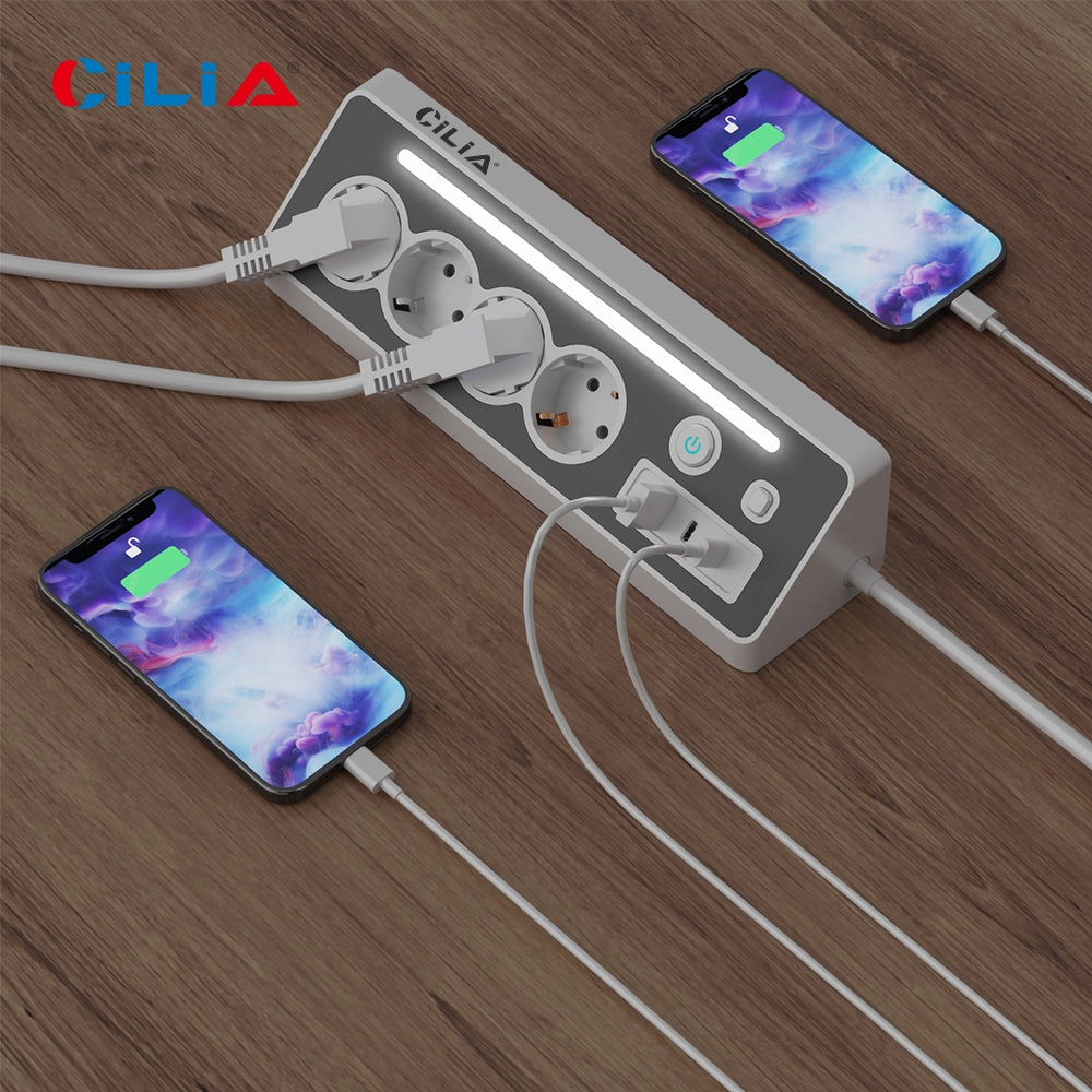 Ciabatta Elettrica Angolare ¨C zephmum ¨C 4 Prese Schuko, 2 USB-C, 1 USB, Luce LED, Cavo 1.5m