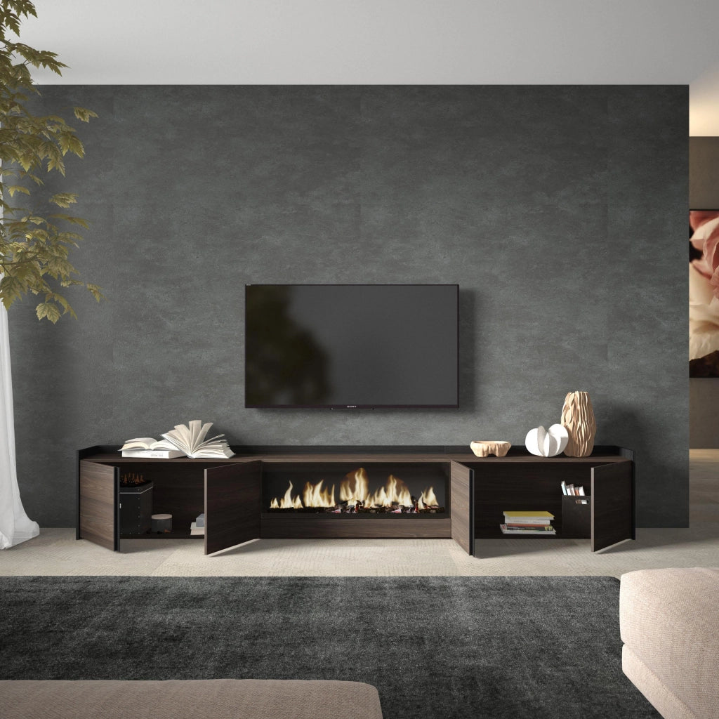 Mobile TV Soggiorno, 315x50x35 cm, Per TV fino a 80", Camino elettrico XXL, Rovere scuro e Nero