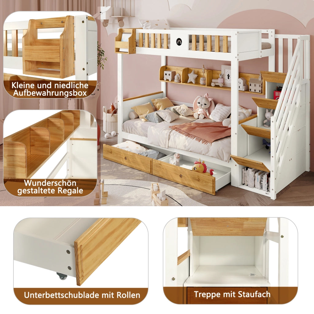 DESMIU Lit a castello 90 × 200 cm 2 posti con scala contenitore, 2 cassetti e ripiano, senza materasso
