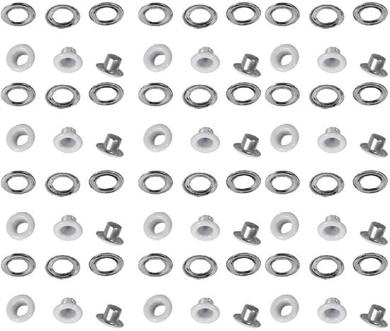 Set di Ossigenatori per Accessori 100 pezzi - 4 mm Alluminio - Bianco - Per Scarpe/Abbigliamento/Tasche - Lavorazione Artigianale - Scatola di Ripostiglio trasparente - Ossigenatori