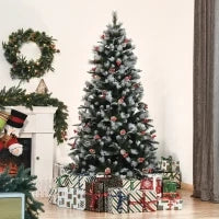 Albero di Natale Innevato 180cm con Bacche Rosse e Pigne Bianche, Base Rimovibile Pieghevole, 678 Rami, Verde