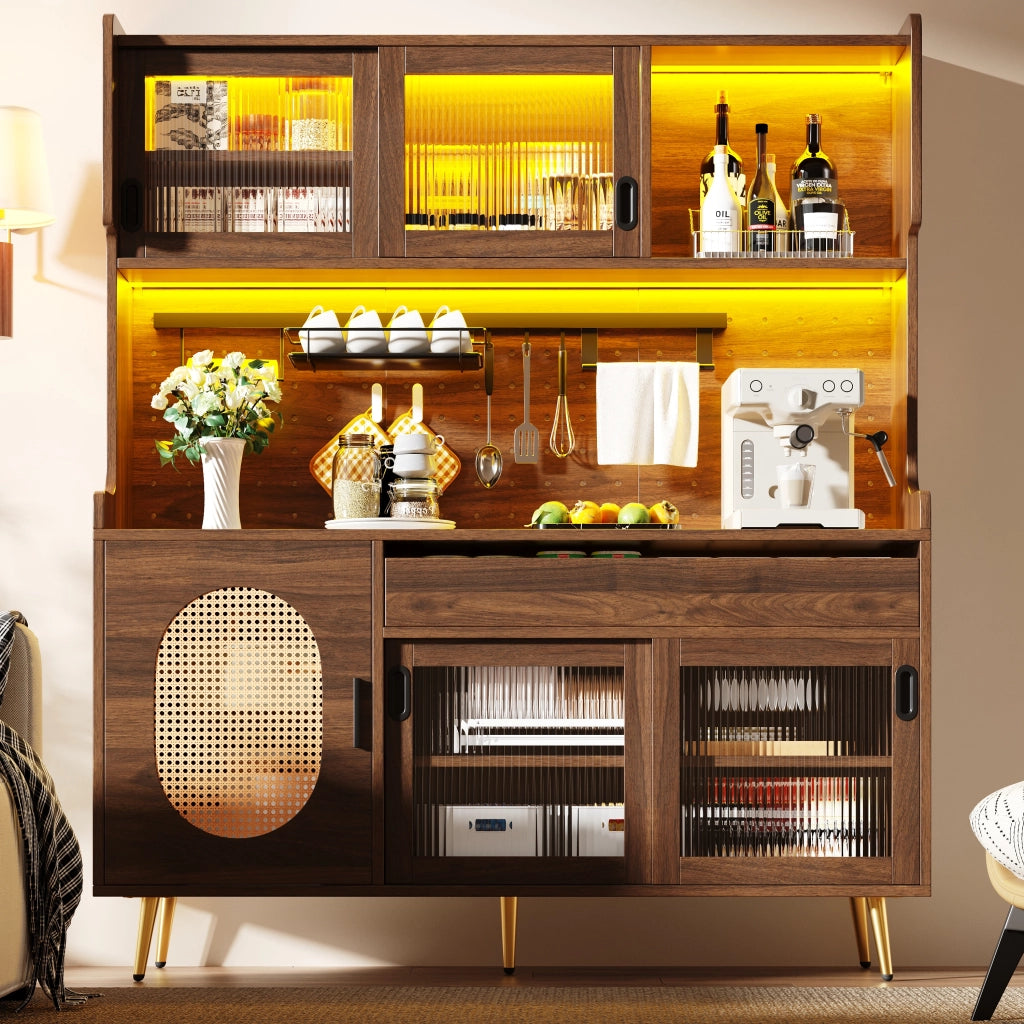 Credenza con led in mdf con ampio spazio contenitore per cucina e soggiorno marrone 145 × 39 × 171 cm