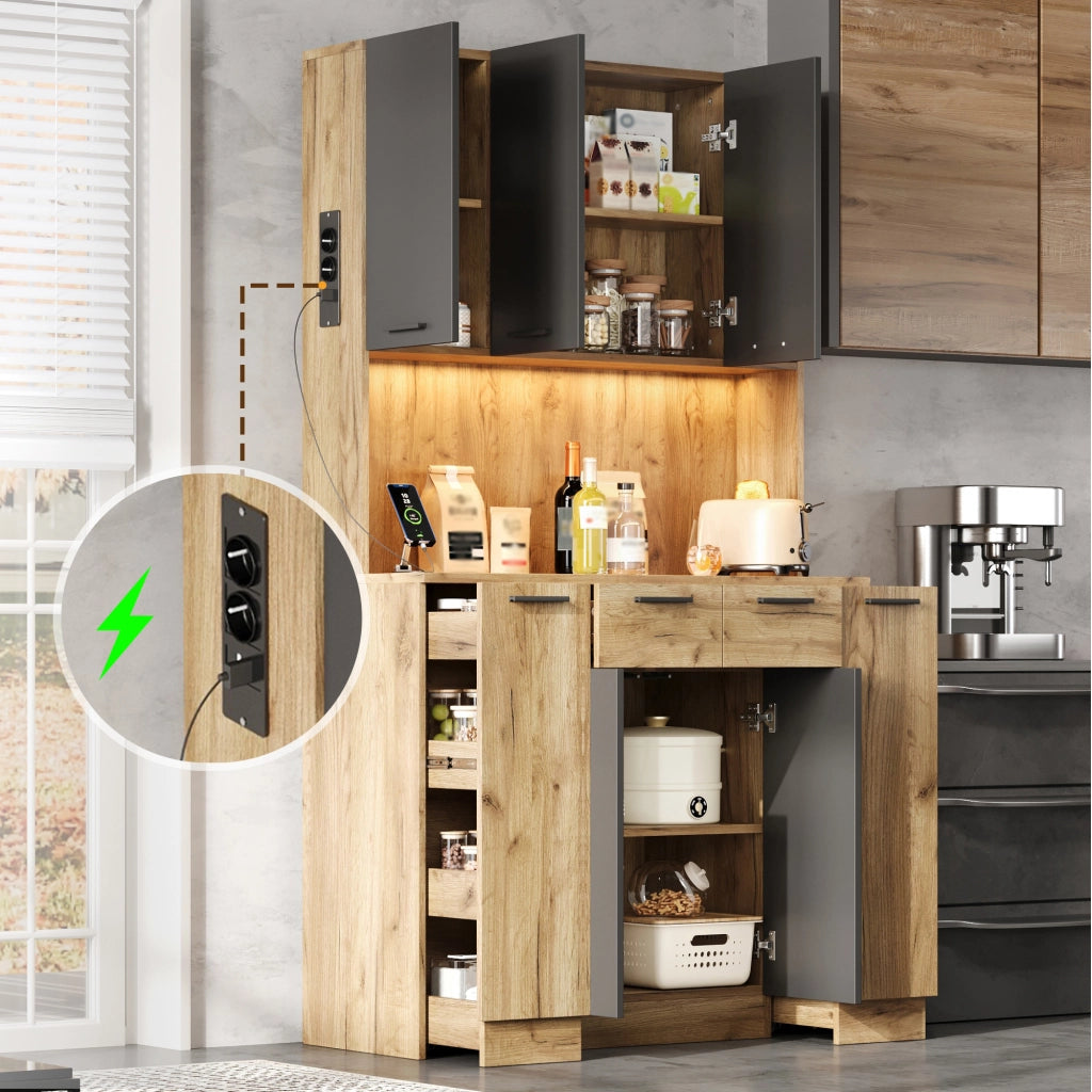 Credenza alta multifunzione con LED, prese e vani portaoggetti, 100 × 40 × 180 cm