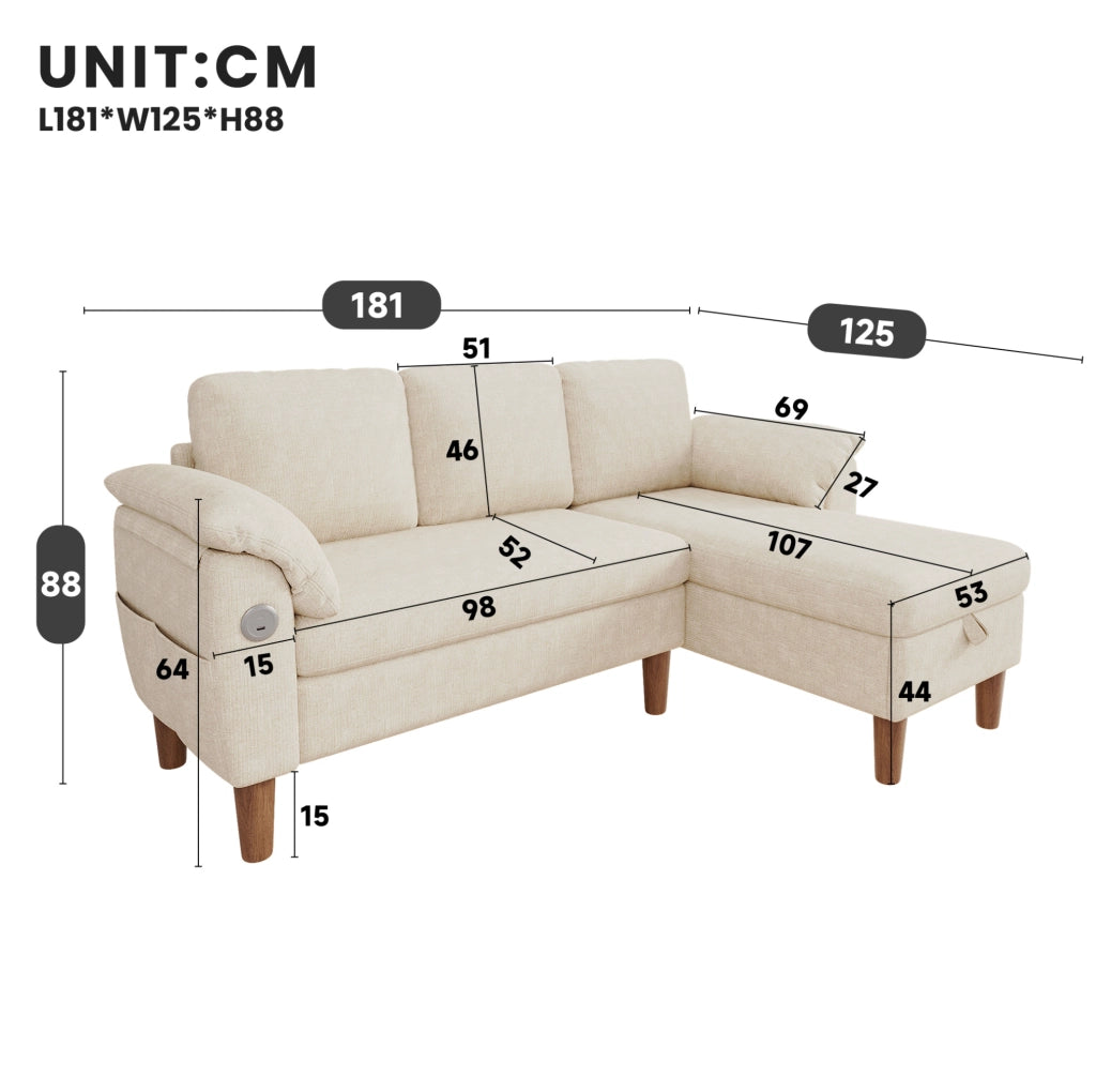 Divano angolare a L 181x125x88 cm con penisola reversibile; contenitore; USB/Type-C; chenille beige