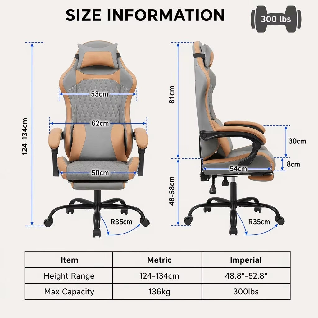 Sedia da ufficio gaming con schienale ergonomico, tasca posteriore e base in metallo, in PVC grigio marrone