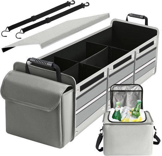 Organizzatore di Cassetto per Auto con 3 Compartimenti, Isolato e Impermeabile, con Tasca per Cinture di Sicurezza - 115L - Color Grigio