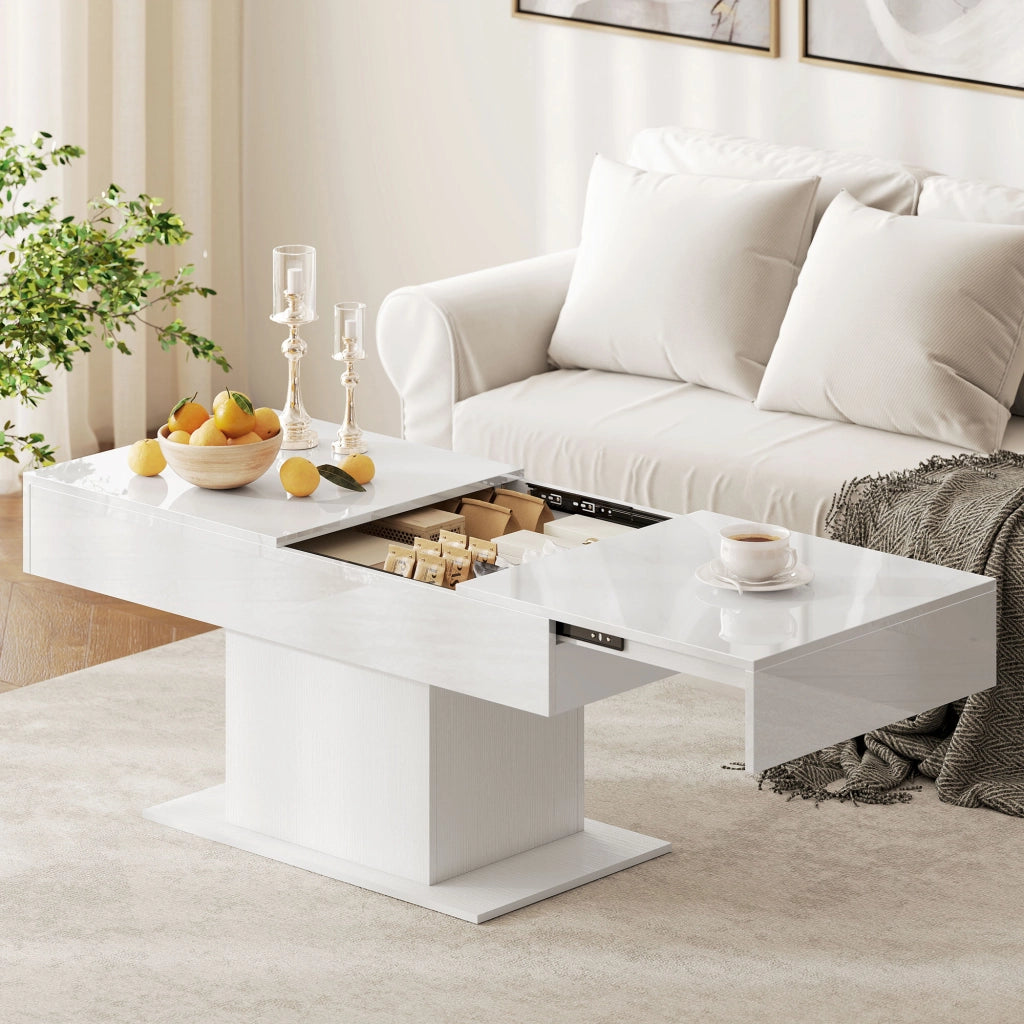 Tavolino da Caff¨¨ Estensibile con Vano Contenitore Moderno, 108-178.5x53x49 cm, Bianco Lucido