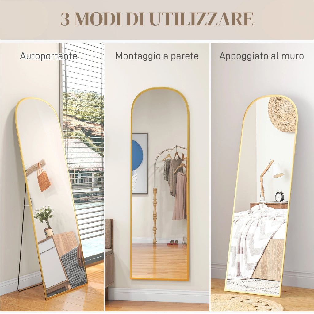 Specchio a Figura Intera da Terra 50x161,5 cm in Lega di Alluminio con Supporto Pieghevole Oro