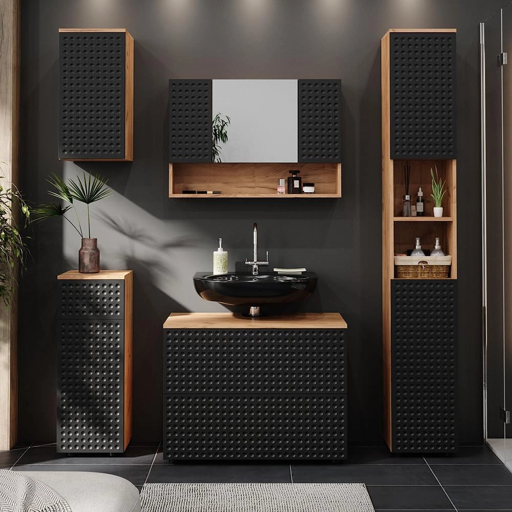 Mobile midi Irma, Antracite puntinato, 30 x 81 cm con 1 cassetto, 2 scomparti, bagno, per la conservazione in bagno, abbinabile alla serie Irma