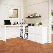 Scrivania angolare girevole a 360° con 4 cassetti e 4 vani, con sistema antiribaltamento, per ufficio, in MDF, bianco