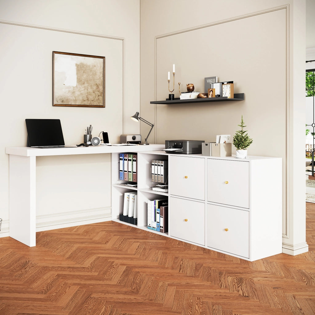 Scrivania angolare girevole a 360° con 4 cassetti e 4 vani, con sistema antiribaltamento, per ufficio, in MDF, bianco