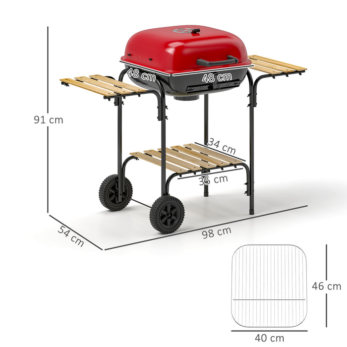 Barbecue a Carbone  98x54x91 cm Coperchio con Presa d'Aria Regolabile 3 Ripiani e Ruote in Acciaio e Legno Rosso