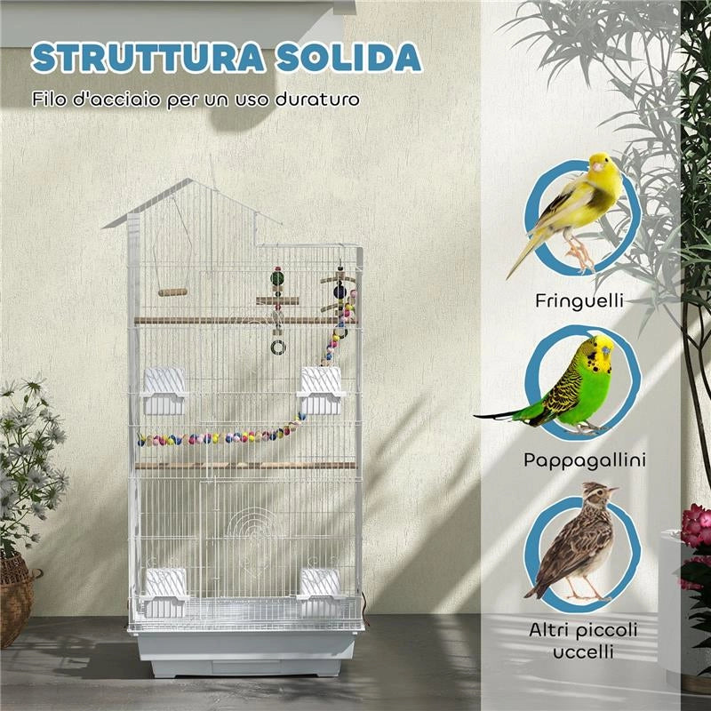 GABBIA PER UCCELLI, VOLIERA CON MANIGLIA E PORTE, GABBIETTA CON ALTALENA, CIOTOLE E GIOCHI, 46X36X100 CM, BIANCO
